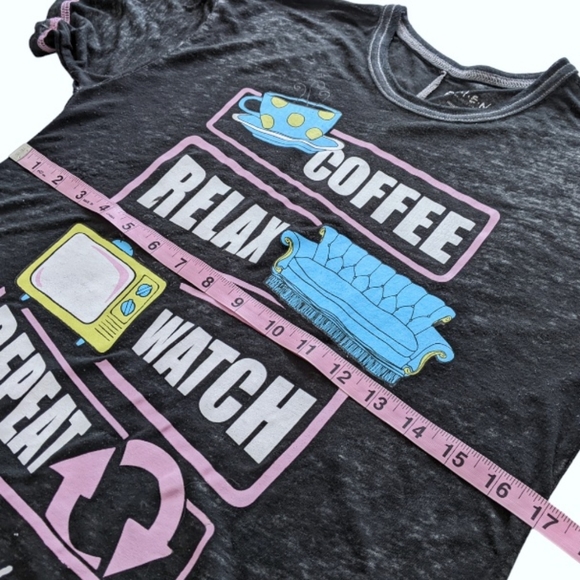 F•R•I•E•N•D•S Burnout Tee Coffee Relax Watch Repeat Friends TV Shirt - Picture 7 of 13